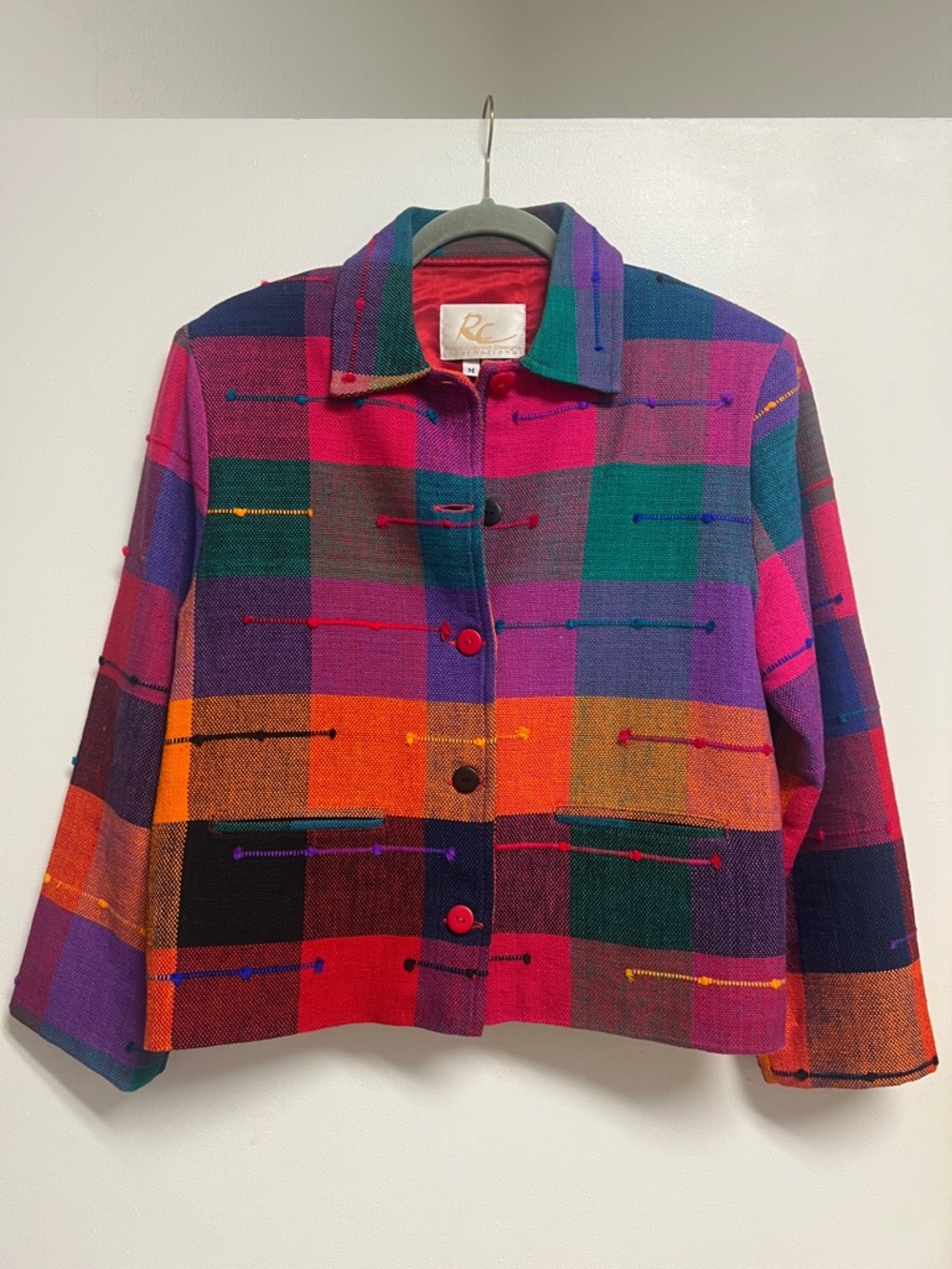 Vintage Colorful Plaid Woven Cotton Jacket with Bright Checkered Medium